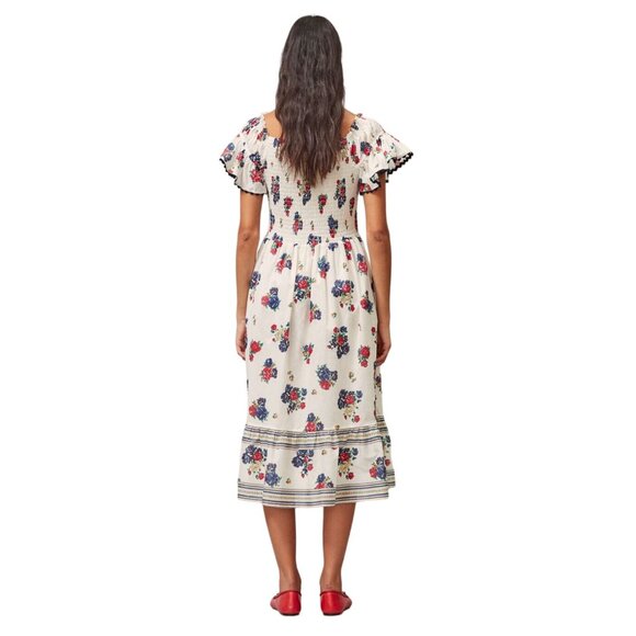 Tory Burch Ivory Tea Rose Floral Smocked Off Shoulder Midi Dress - Size S - Picture 4 of 10